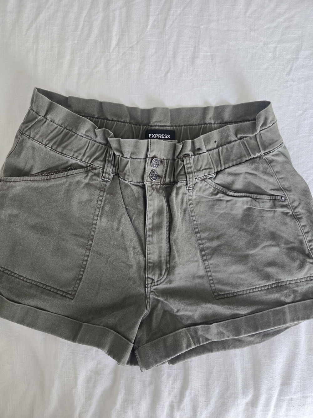 Express High-Waist Paperbag Utility Shorts in Olive